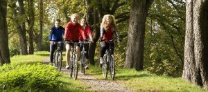 Gruppe von vier Fahrradfahrern faehrt auf der Kastanienalle von Haus Kemnade am Ruhrtalradweg.